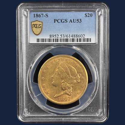 1867 S $20 Gold Coin Liberty Double Eagle PCGS AU53 CAC Candidate
