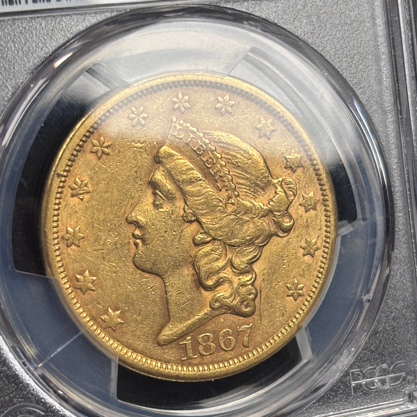 1867 S $20 Gold Coin Liberty Double Eagle PCGS AU53 CAC Candidate