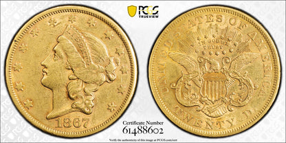 1867 S $20 Gold Coin Liberty Double Eagle PCGS AU53 CAC Candidate