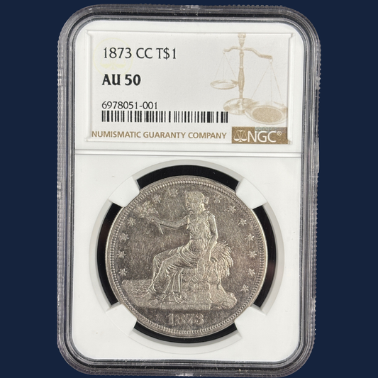 1873-CC Trade Dollar NGC AU50 – Key Date, Rare Carson City Issue, Low Mintage