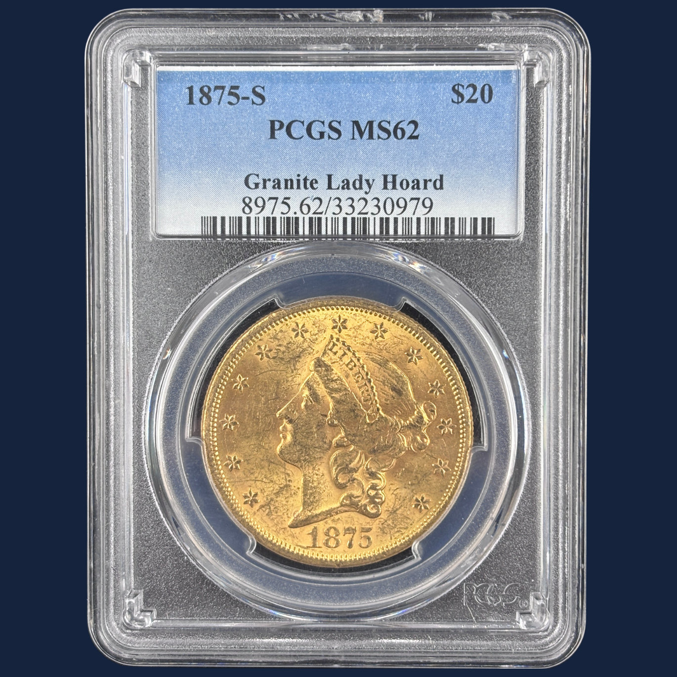 1875 S $20 Liberty Head Double Eagle Gold Coin PCGS MS62 Granite Lady Hoard