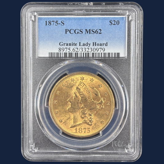 1875 S $20 Liberty Head Double Eagle Gold Coin PCGS MS62 Granite Lady Hoard