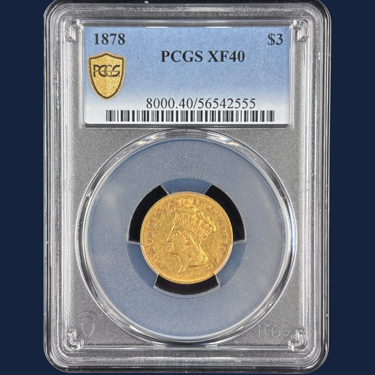 1878 $3 Three Dollar Gold Coin PCGS XF40 Original!