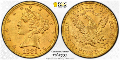 1881 $5 Liberty Head Half Eagle Gold PCGS MS64 CAC Fairmont Hoard