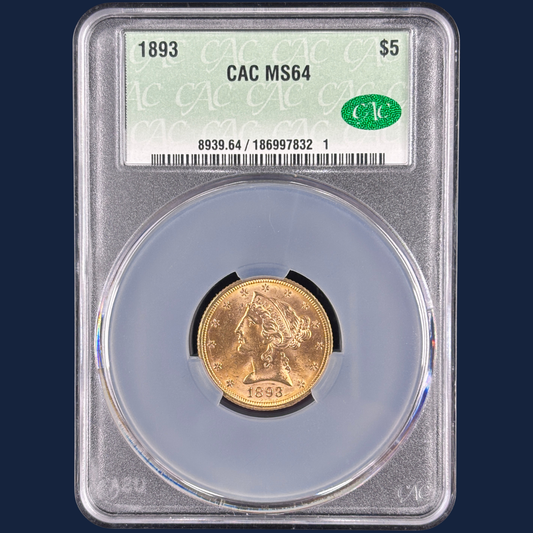 1893 $5 Liberty Head Half Eagle Gold Coin MS 64 CAC PQ