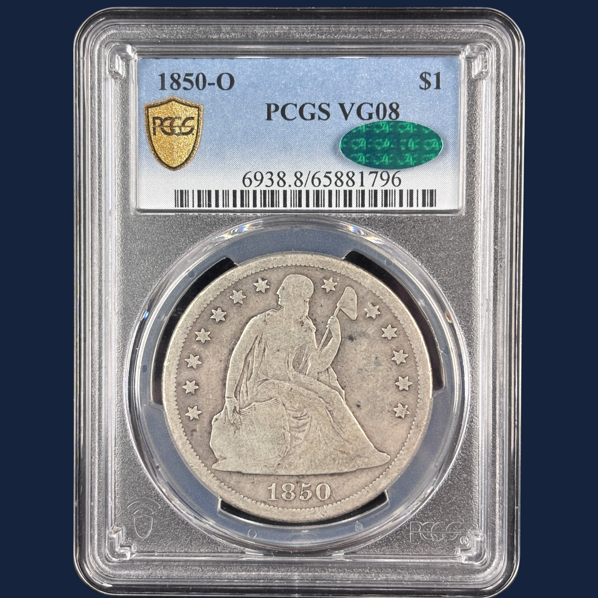 1850 O Liberty Seated Dollar New Orleans PCGS VG08 CAC Low CAC Population