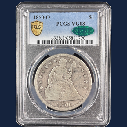 1850 O Liberty Seated Dollar New Orleans PCGS VG08 CAC Low CAC Population