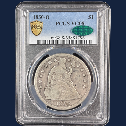 1850 O Liberty Seated Dollar New Orleans PCGS VG08 CAC Low CAC Population