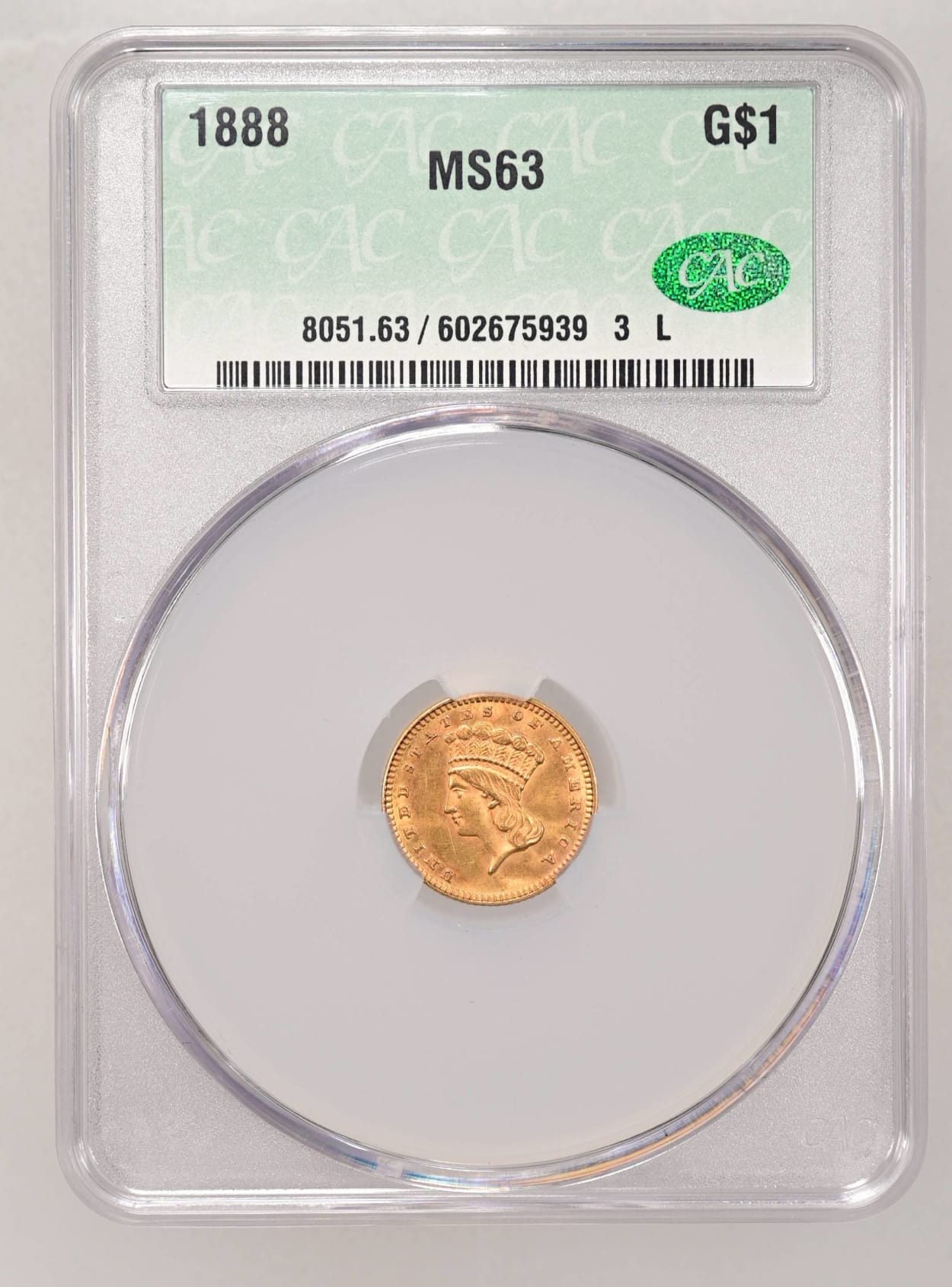 1888 Type 3 Indian Princess Large Head Gold Dollar CAC CACG MS63 Superb Strike