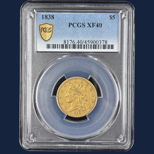 1838 Classic Head $5 Gold Coin PCGS XF40 PQ Example