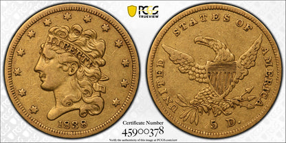 1838 Classic Head $5 Gold Coin PCGS XF40 PQ Example