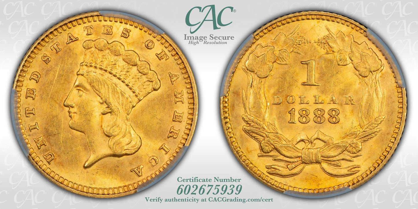 1888 Type 3 Indian Princess Large Head Gold Dollar CAC CACG MS63 Superb Strike