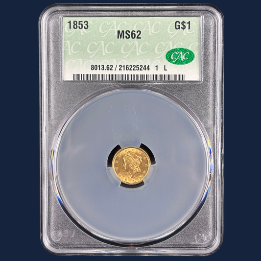 1853 Gold Dollar CAC CACG MS62 Pre33 Gold Coin US