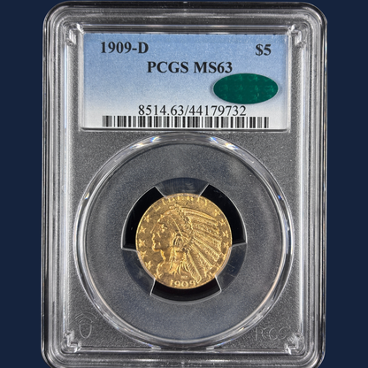 1909-D $5 Indian Head Gold Half Eagle PCGS MS63 CAC US Gold Coin