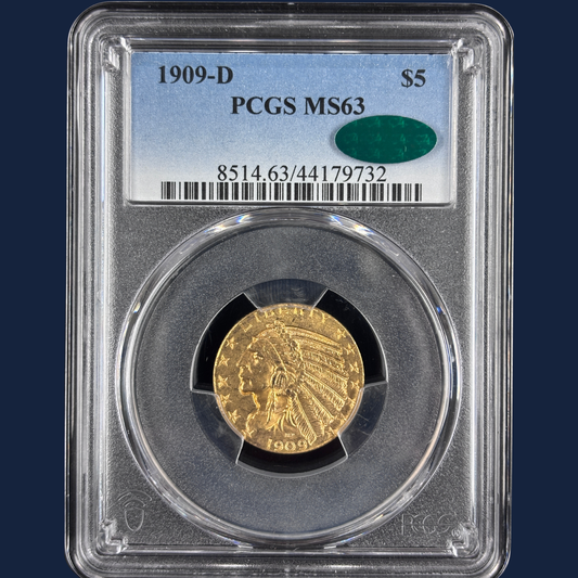 1909-D $5 Indian Head Gold Half Eagle PCGS MS63 CAC US Gold Coin