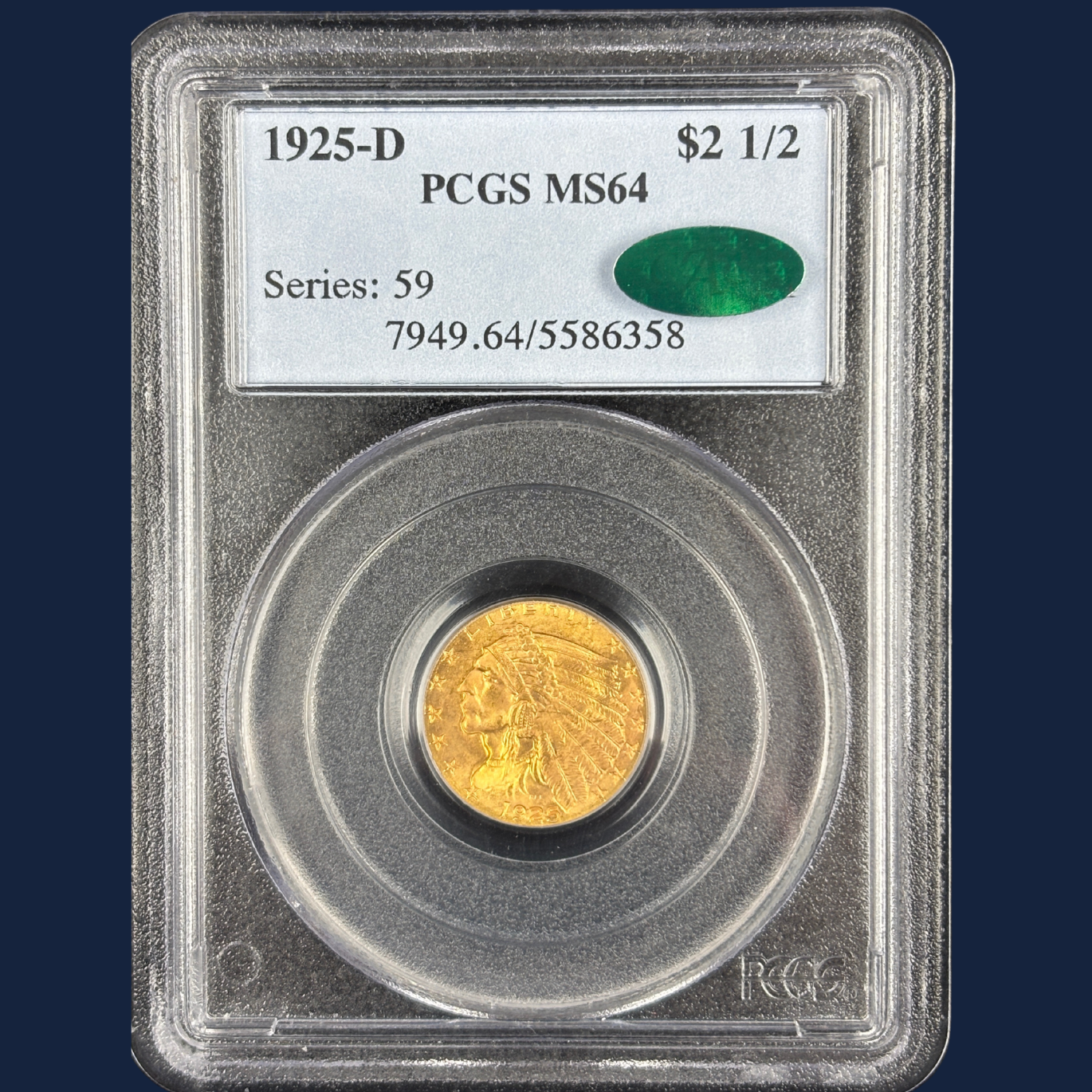 1925 D $2.5 Indian Head Quarter Eagle Gold Coin PCGS MS64 CAC Old Holder