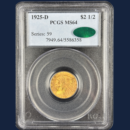 1925 D $2.5 Indian Head Quarter Eagle Gold Coin PCGS MS64 CAC Old Holder