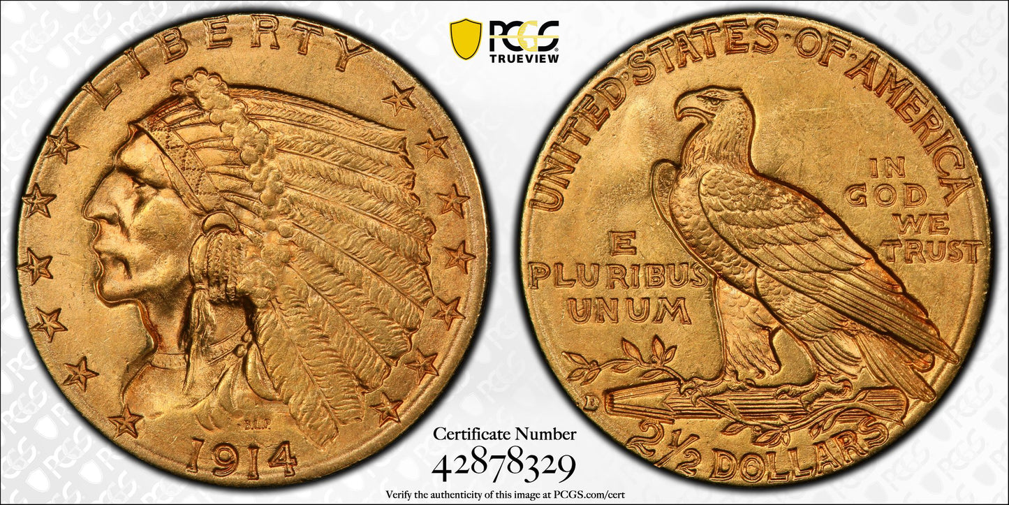 1914 D $2.5 Indian Head Quarter Eagle Gold Coin PCGS MS62 Stunner Undergraded