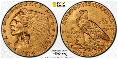 1914 D $2.5 Indian Head Quarter Eagle Gold Coin PCGS MS62 Stunner Undergraded