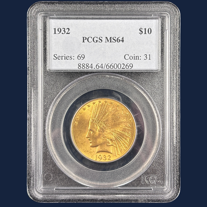 1932 $10 Indian Head Gold Eagle PCGS MS64 Older Blue Holder No Barcode