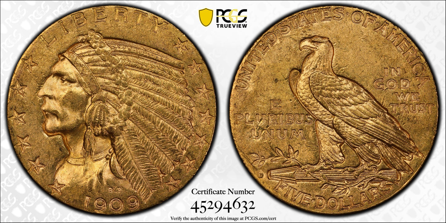 1909 D $5 Indian Head Half Eagle PCGS MS63 CAC Stunner