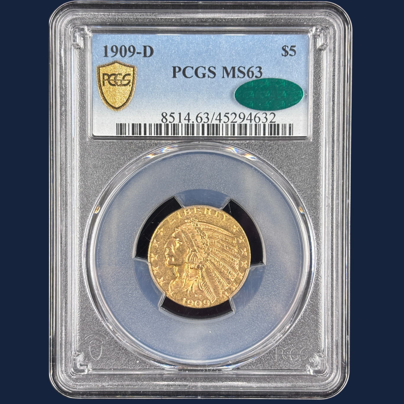 1909 D $5 Indian Head Half Eagle PCGS MS63 CAC Stunner
