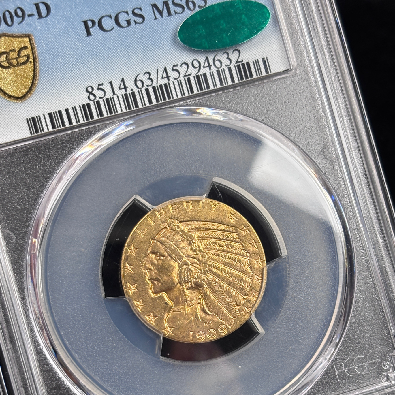 1909 D $5 Indian Head Half Eagle PCGS MS63 CAC Stunner