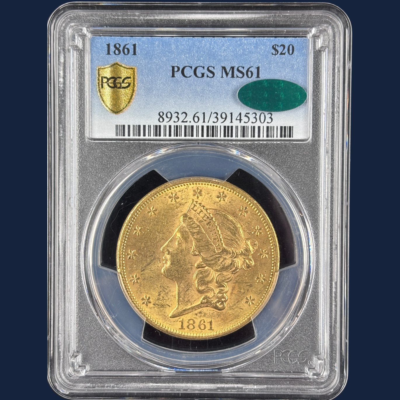 1861 $20 Liberty Head Double Eagle PCGS MS61 CAC Civil War Date