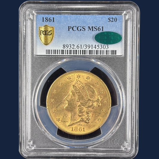1861 $20 Liberty Head Double Eagle PCGS MS61 CAC Civil War Date