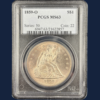 1859 O Liberty Seated Dollar PCGS MS63 Frosty Original