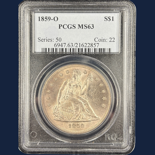 1859 O Liberty Seated Dollar PCGS MS63 Frosty Original