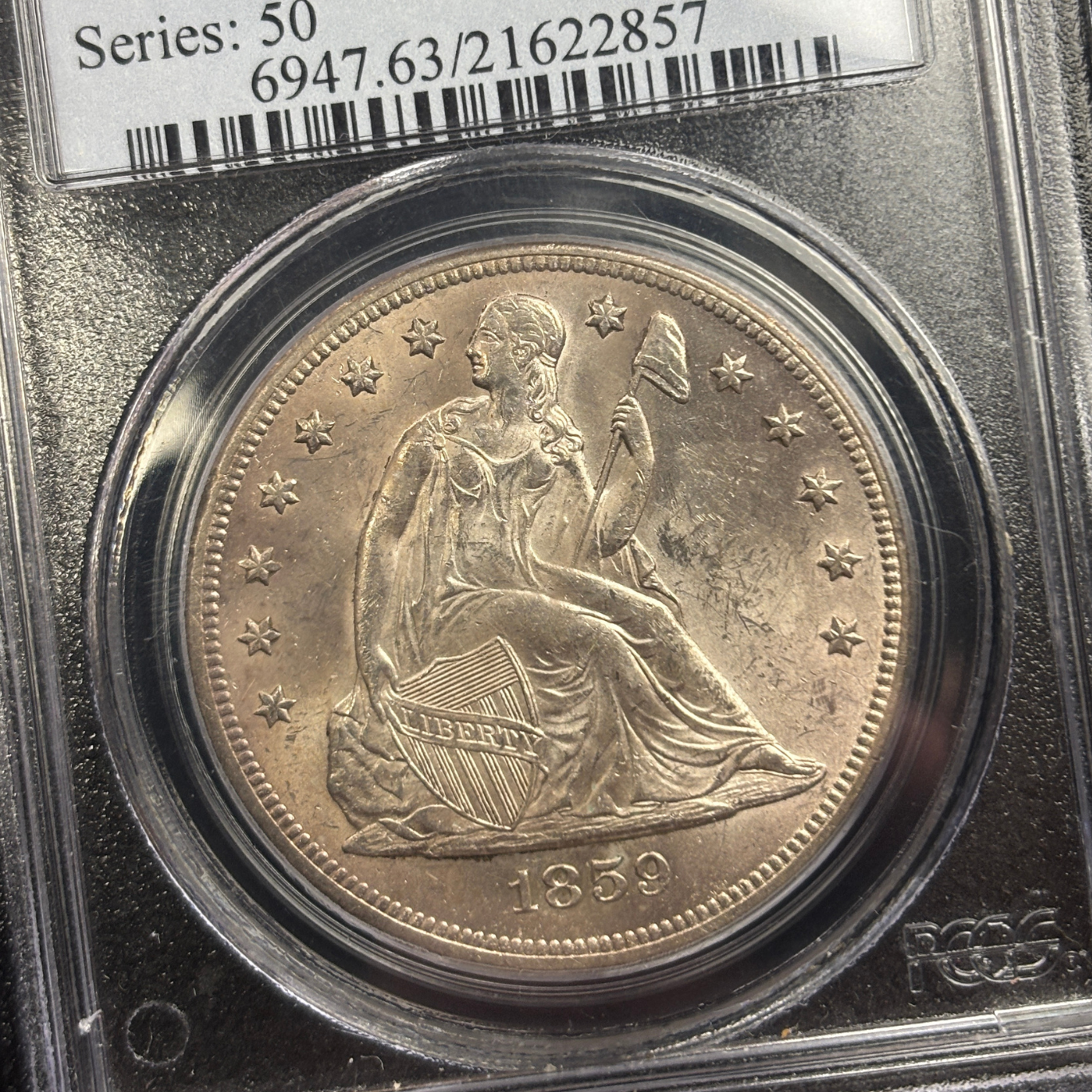 1859 O Liberty Seated Dollar PCGS MS63 Frosty Original