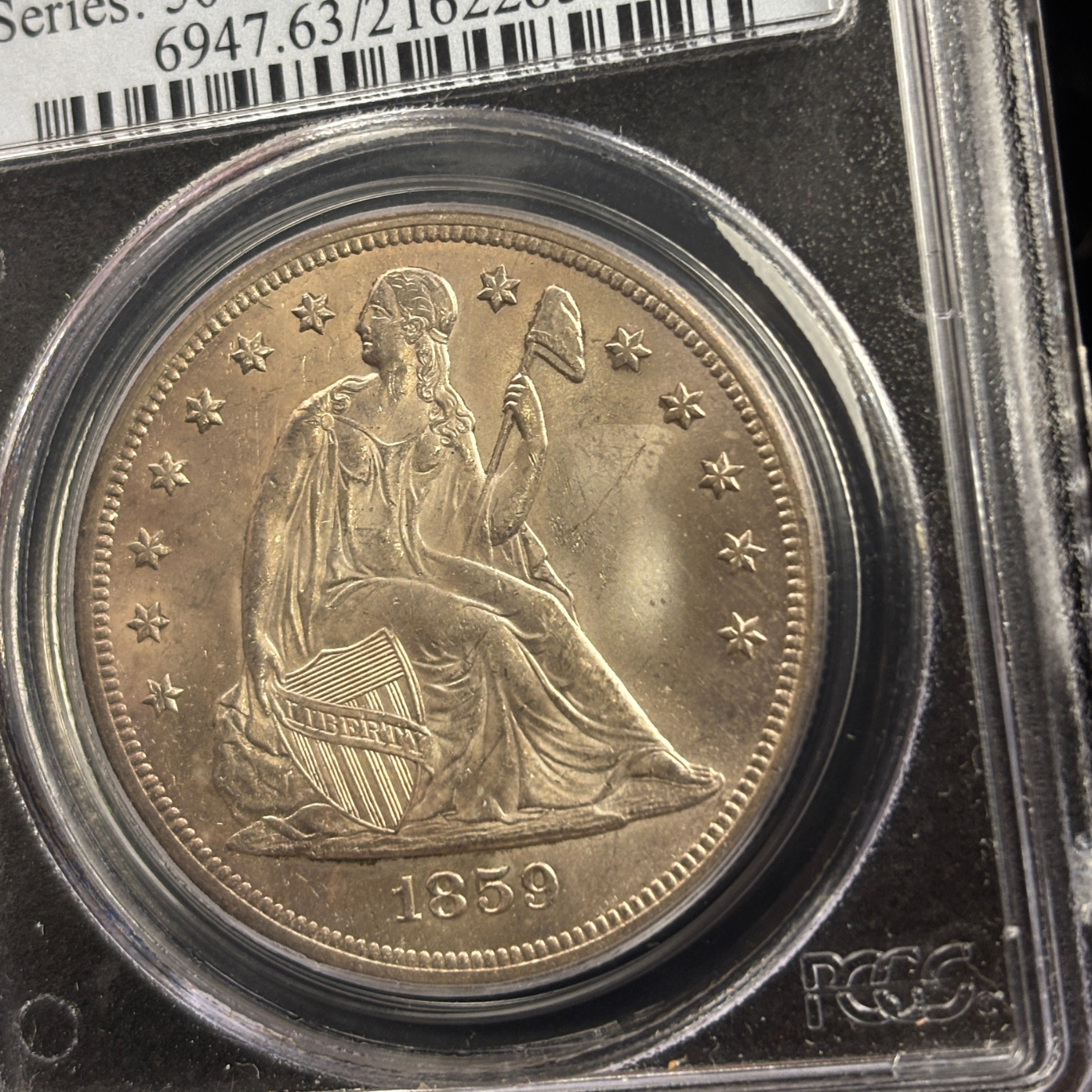 1859 O Liberty Seated Dollar PCGS MS63 Frosty Original