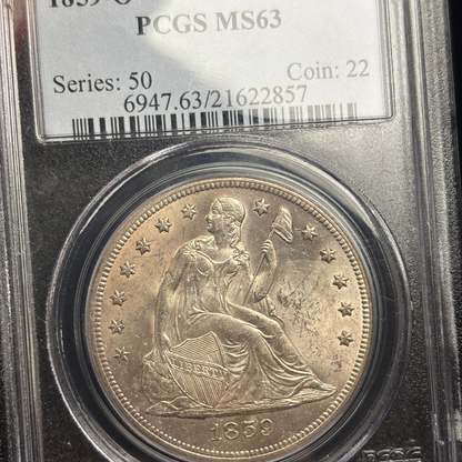 1859 O Liberty Seated Dollar PCGS MS63 Frosty Original